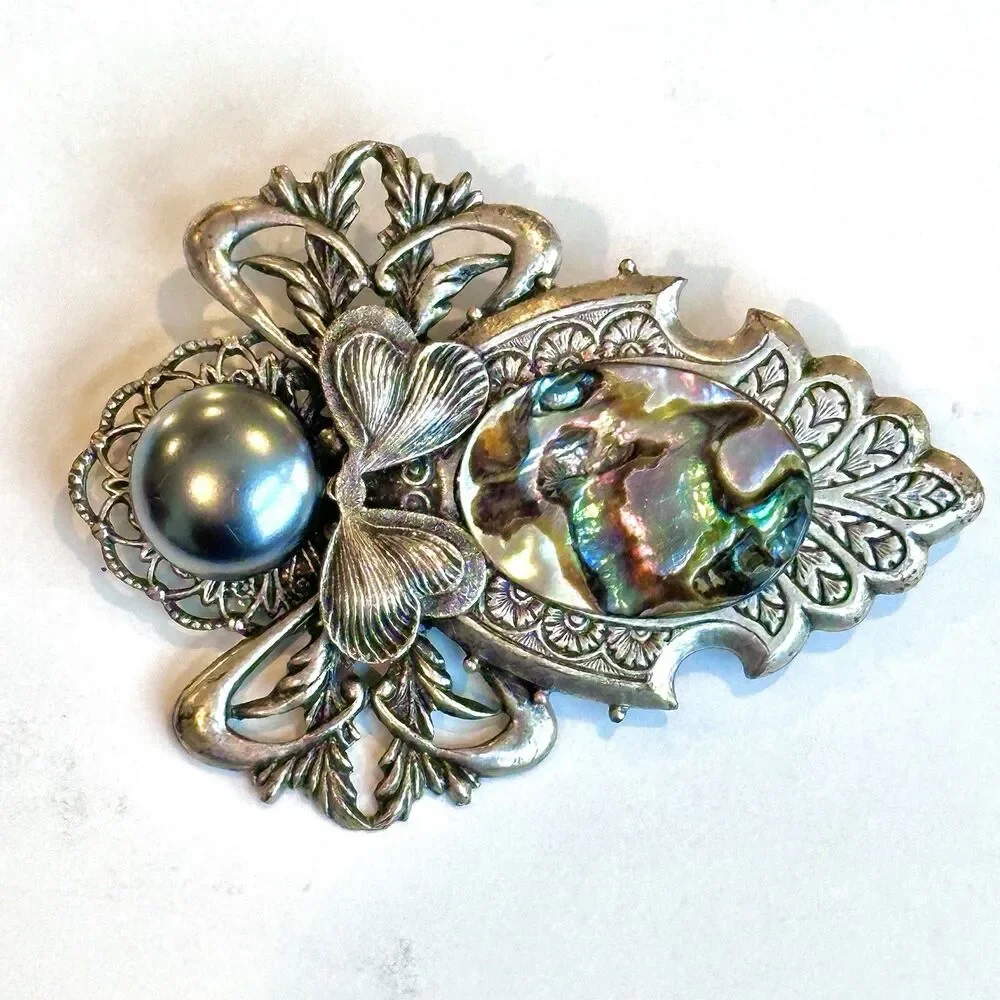 VTG Jane 1999 Angel Mother of Pearl Brooch Filigree Religious Signed